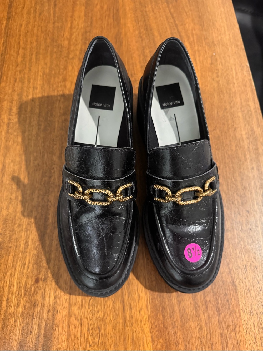 Dolce Vita Black Leather Loafers with Gold Chain Accent